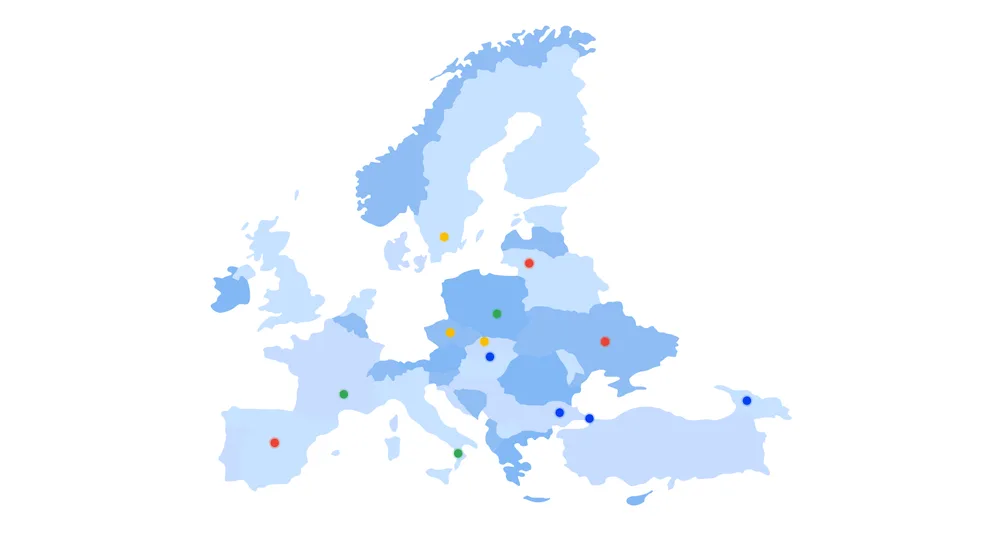 Map of Europe showing EIG partner organizations across the continent