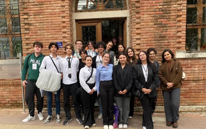 Young participants at the Çanakkale Youth Forum outside the Ceramics Museum